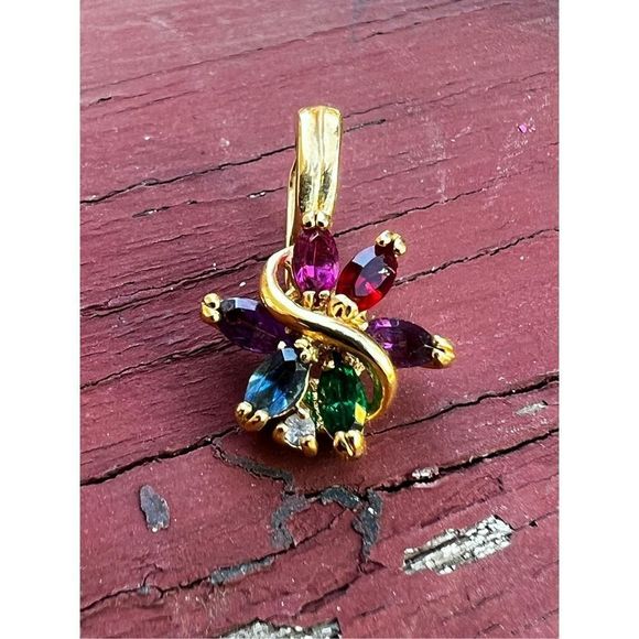 Roman Gold Tone Glass Rhinestone Necklace Pendant Flower Colorful - Picture 1 of 12
